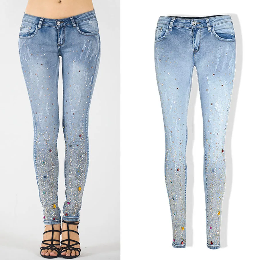2016 New Arrival Autumn and Winter Women Slim Long Low Waist Softener Elastic Embroidered Flares Denim