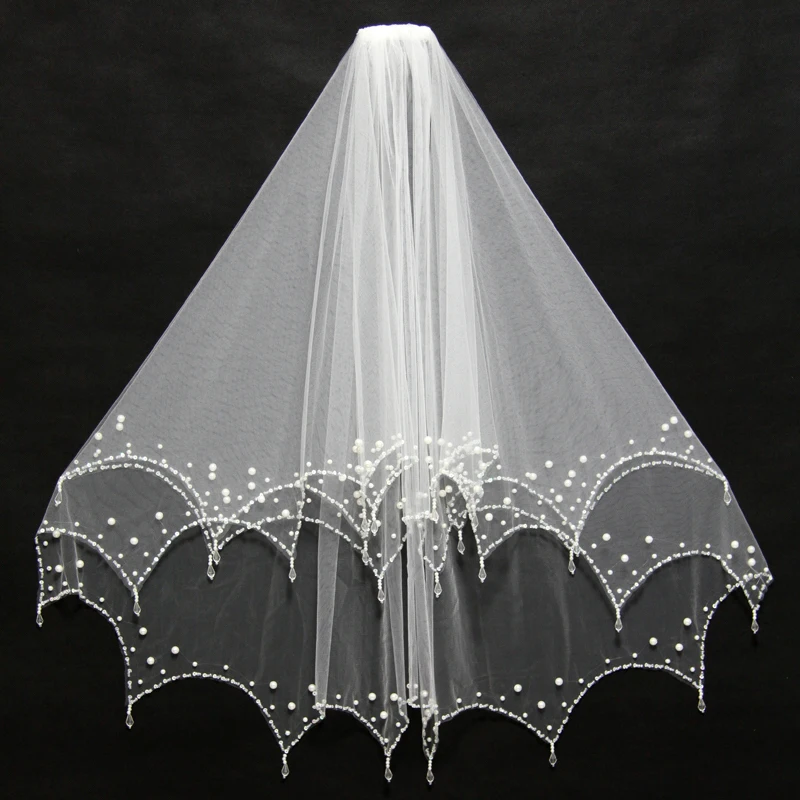 JAEDEN Glamorous Bridal Veils Beaded Edge Sequins Pearls Two Layers Seashell Tulle Light Ivory Wedding V022 | Свадьбы и торжества