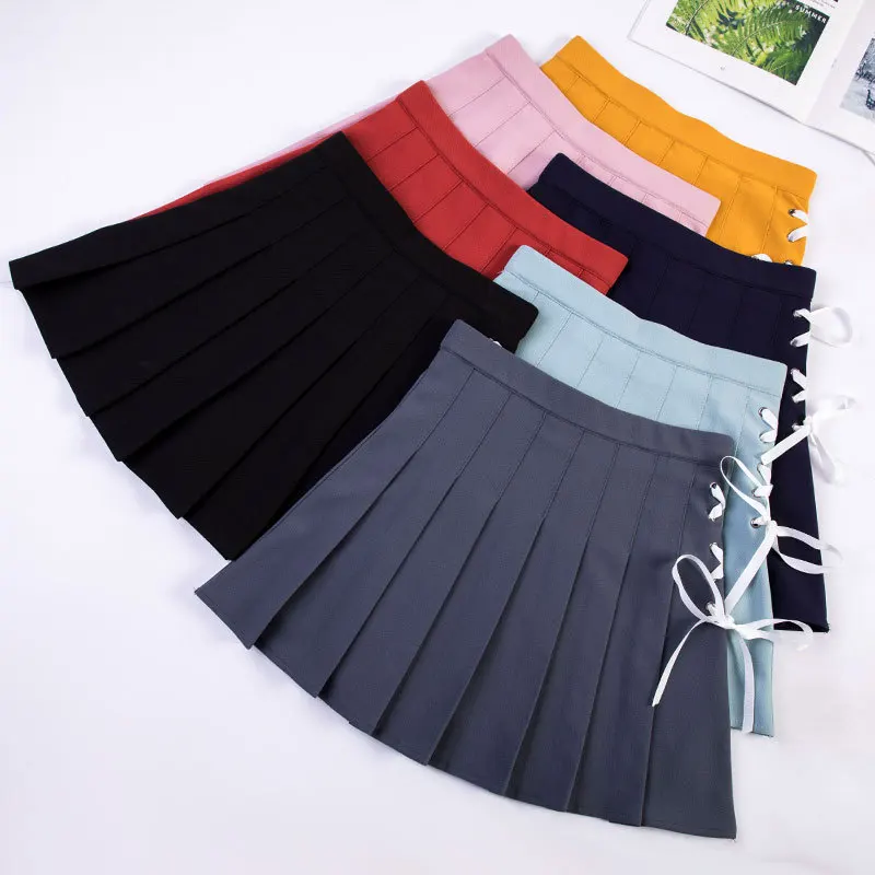 

Plus size A-Line Skirt Eight Colors High Waist Women Pleated Skirt Cute Lace-Up Strap Bow Girls Safety Pants Student Mini Skirt
