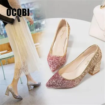 

Wedding shoes female silver sequins Gradient high heels women large size pointed thick with heel crystal single shoes bride shoe