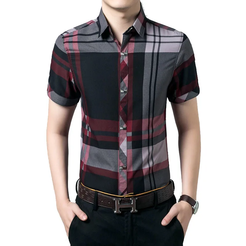 

Brand New Men's Short Sleeve Shirts Summer Fashion Plaid Casual Fit Slim No Iron Business Shirt For Men Dress Shirt 3XL B9E215