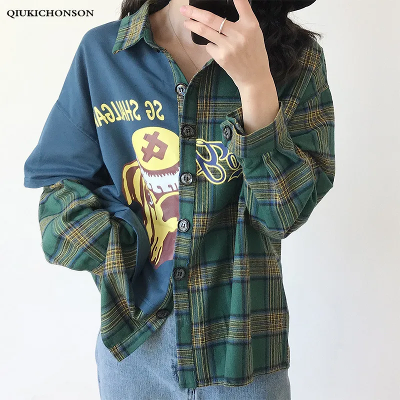 

Harajuku Japanese Streetwear Cartoon Print Spliced Women Plaid Shirt Long Sleeve False Two Piece Shirts Casual Tops Plus Size