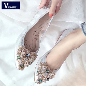

VANGULL 2019 spring autumn new women shoes flats bottom rhinestones crystal shoes pointed toes casual basic femal slip-on flats