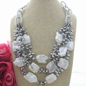 

N122706 21" 3 Strands 22x24MM Keshi Pearl Crystal Necklace
