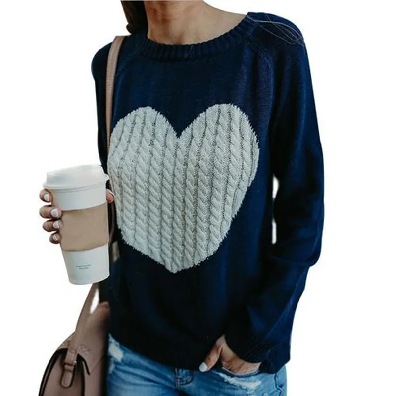 Wontive осенне-зимние женские свитера с рисунком сердца, топы с длинными рукавами и круглым вырезом, милые пуловеры, вязаные свободные свитера