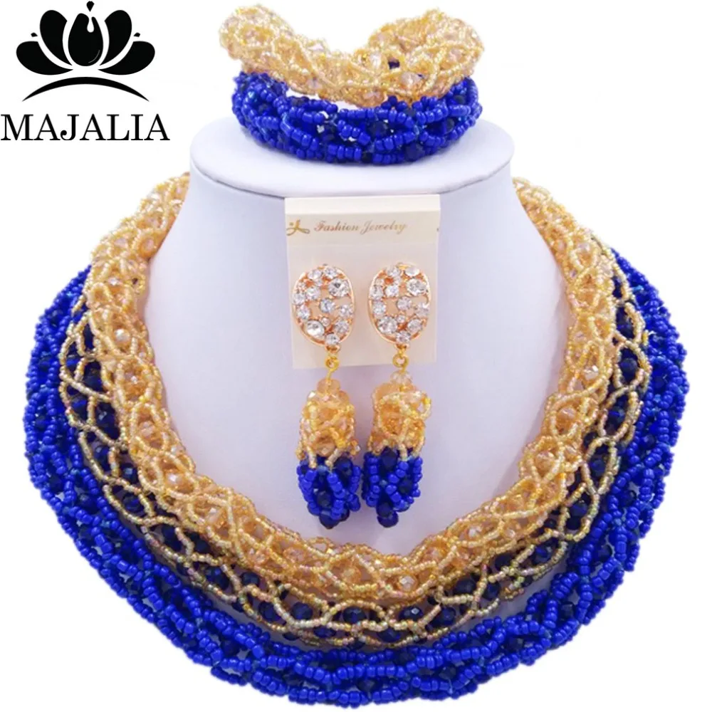  Majalia Africaines Nouvelle Mode Mariage Nigérian Bijoux Mis Royal bleu et Or ab Cristal Collier De