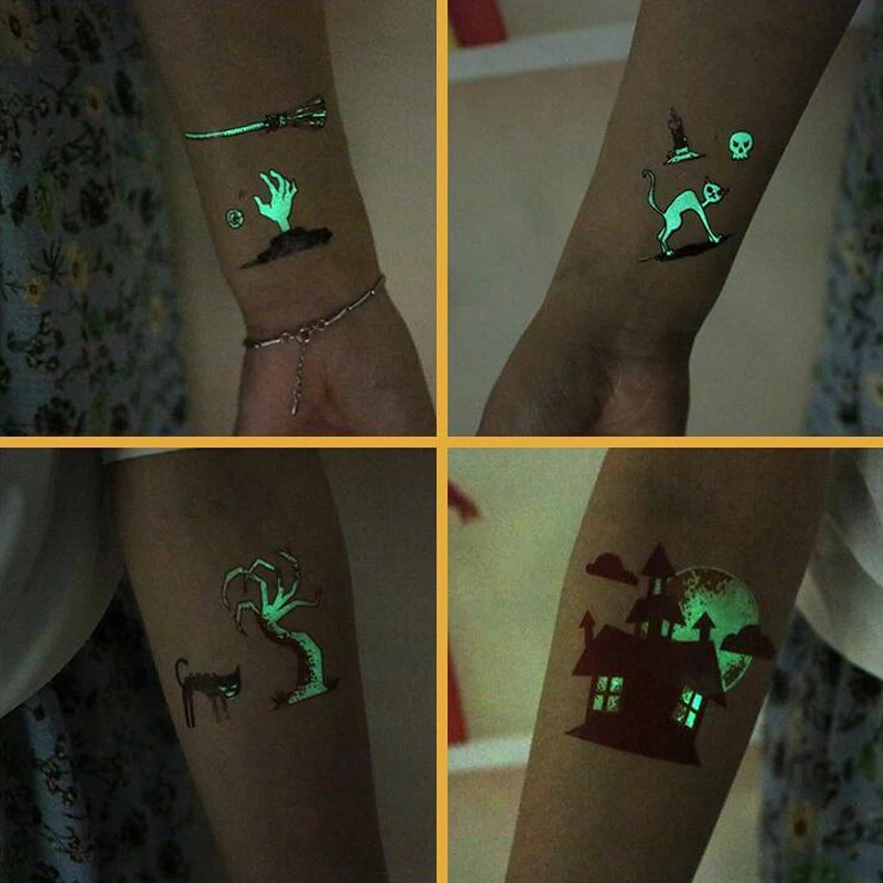 Светящаяся Татуировка стикерные игрушки для детей Хэллоуин призрак тату поддельные татуировки светящиеся темные водонепроницаемые Временные татуировки стикер s