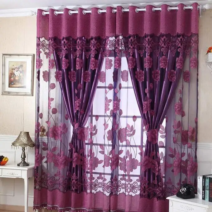 Популярные шторы 250 см* 100 см цветочный принт вуаль дверь Штора для окна комнаты делитель шарф Прямая поставка A1 - Цвет: Purple