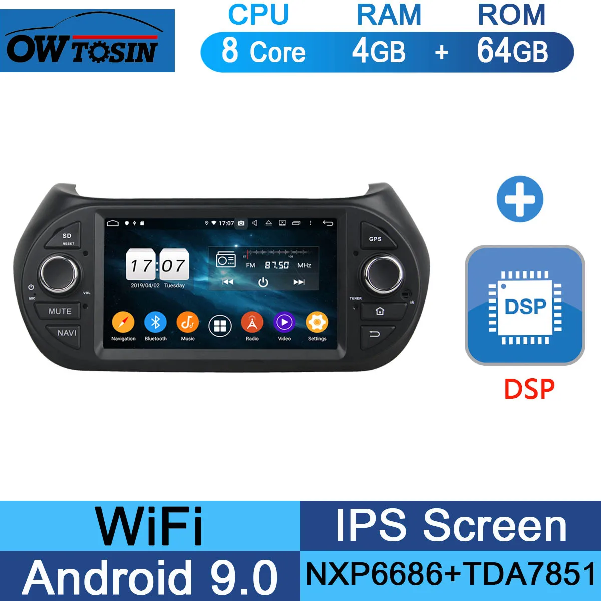 " ips 8Core 4G ram+ 64G rom Android 9,0 автомобильный dvd-плеер для Fiat Fiorino Qubo Citroen Nemo peugeot Bipper 2008- CarPlay Parrot - Цвет: 64G DSP