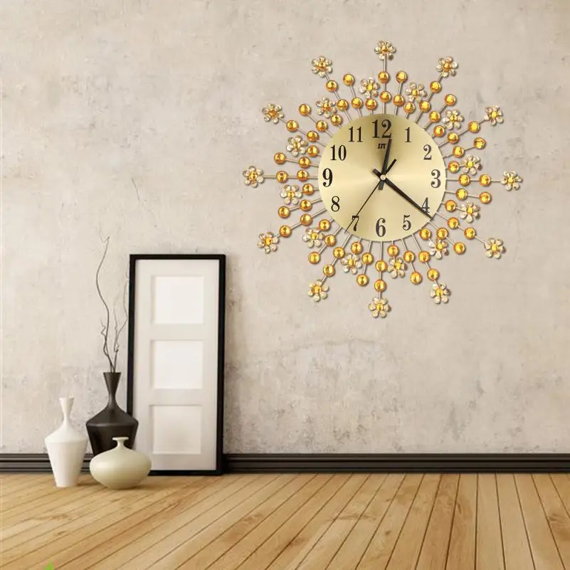 Wall Clock 3D Metal Wall Clock Diamonds Flower Non-Ticking Silent Dazzling  Clock For Home Kitchen Office Diameter 34.5     5.30