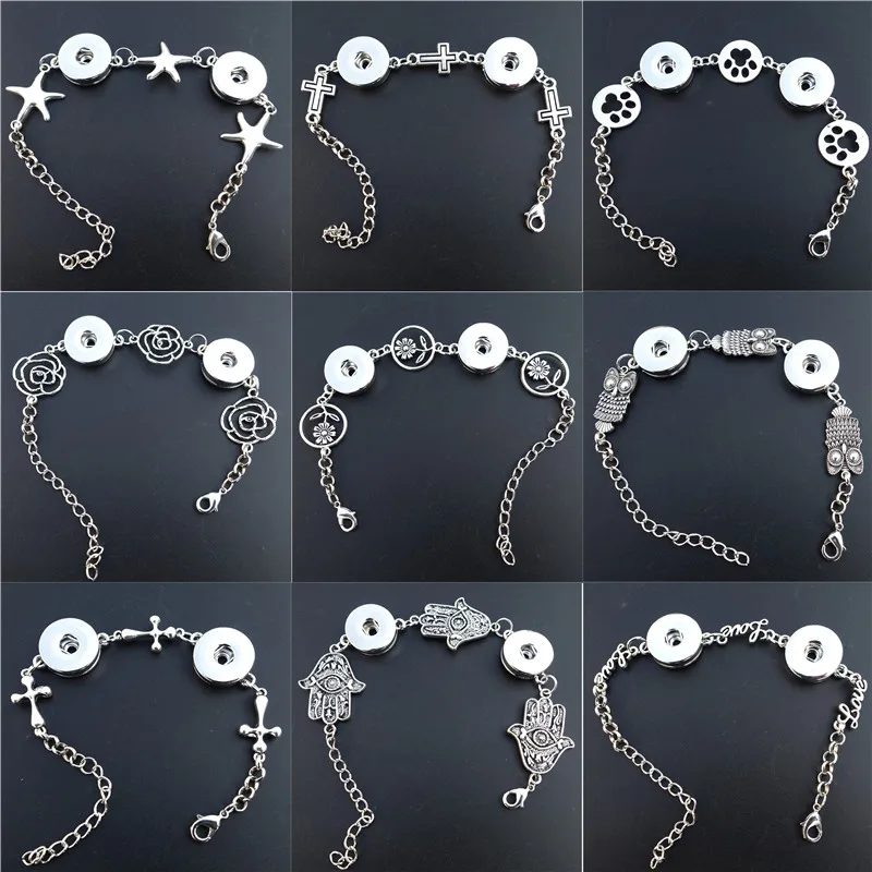 

Love Flower Cross Owl Charms Collections Bracelets with 18 mm Snap Buttons Sockets Assorted Styles Wholesale 12 pieces / lot
