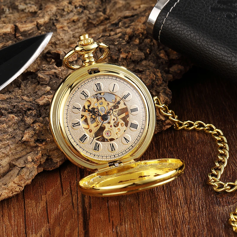 Роскошные полые накладка олень механические карманные и Fob часы золотой античный Выгравированный Скелет стимпанк Лось кулон ожерелье часы