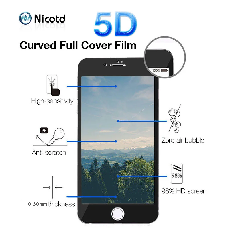 5D Tempered Glass for iPhone 8 Screen Protector 6 6s 8 Plus Phone Protective Protector on the for iPhone 7 Plus X Tempered Glass