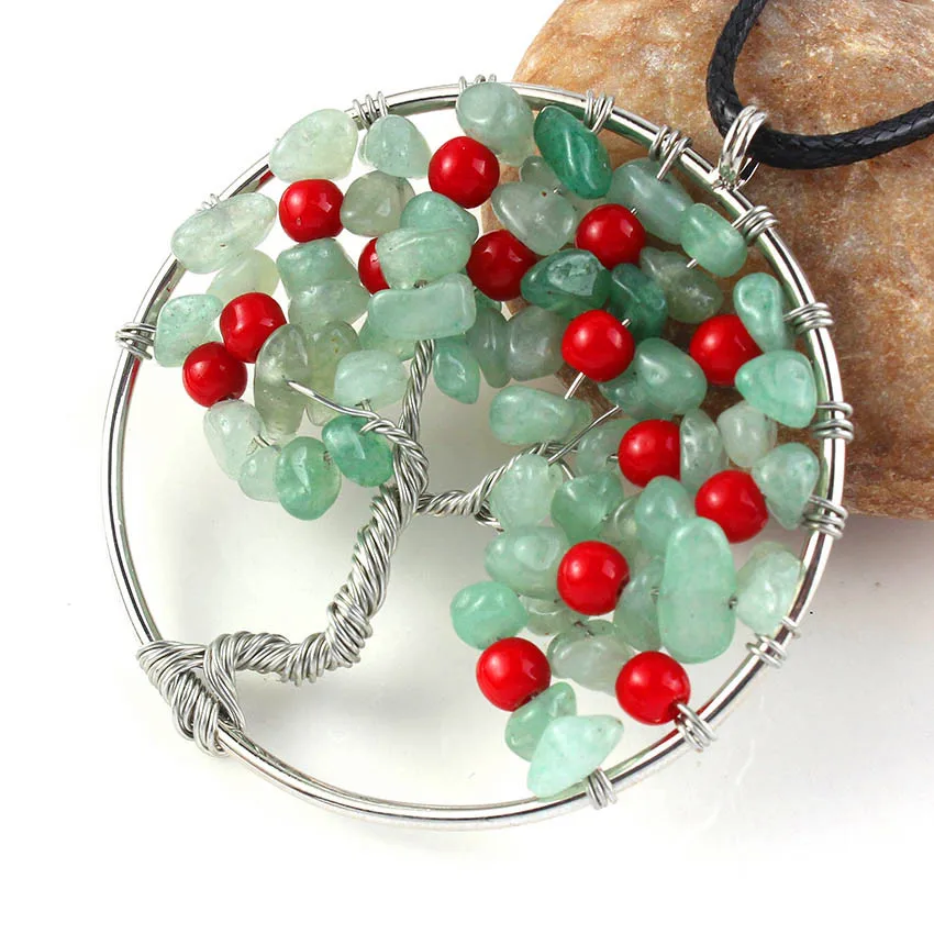 

100-Unique 1 Pcs Silver Plated Tree Of Life Green Aventurine Pendant Red Beads Necklace Plant Jewelry
