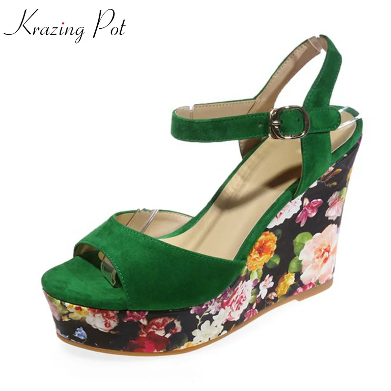 

Krazing Pot kid suede platform women sandals runway super high heels high quality increased flowers patterns wedges shoes L05