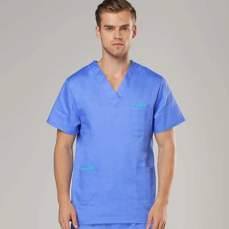 Мужская модная медицинская одежда из чистого хлопка с v-образным вырезом Топ С 5 Карманами+ эластичный пояс и брюки на шнурке - Цвет: blue