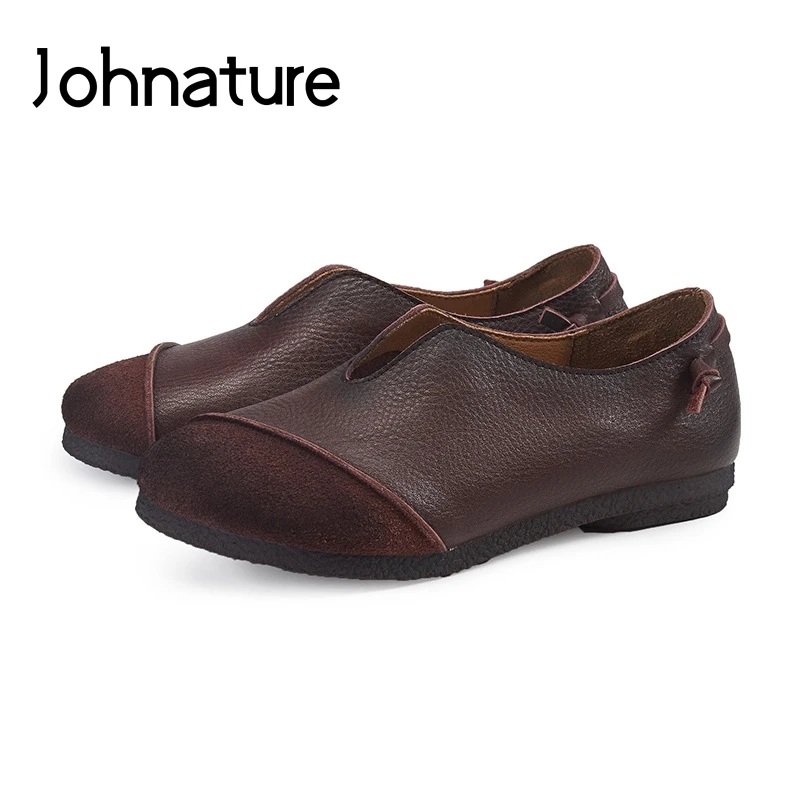 

Johnature 2019 New Spring/Autumn Genuine Leather Splice Mixed Colors Round Toe Casual Retro Shallow Sewing Slip-on Shoes Woman