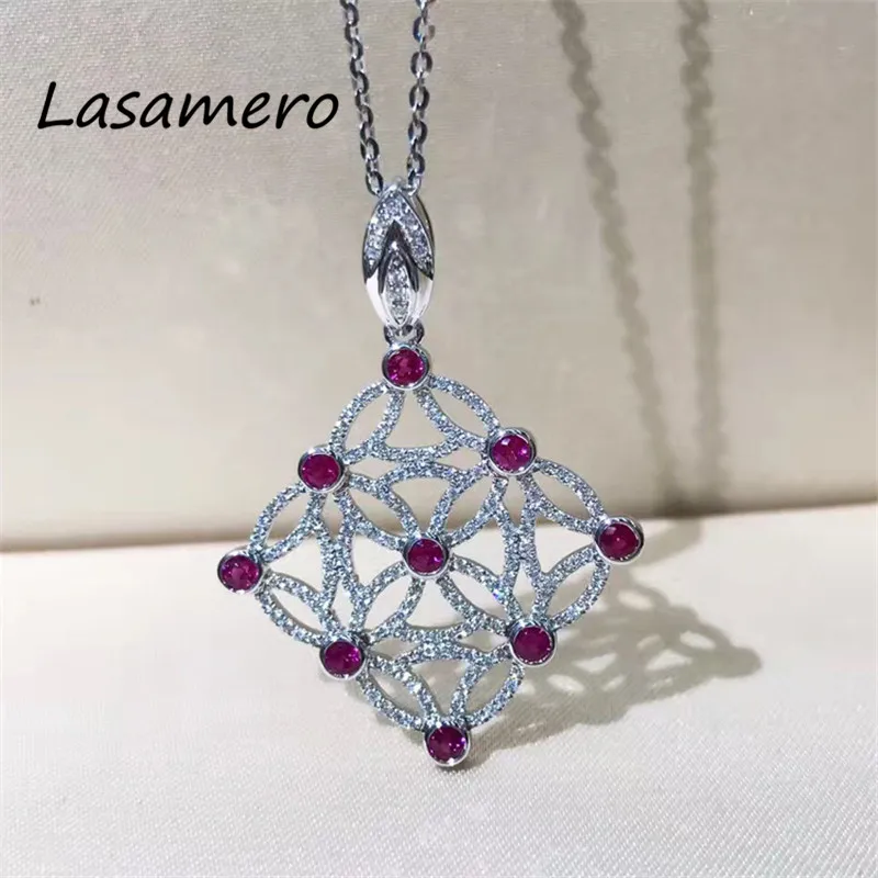 

LASAMERO Halo 0.416 CT Round Cut Ruby or Sapphire Pave Set 18k Gold Natural Diamond Pendant Necklace