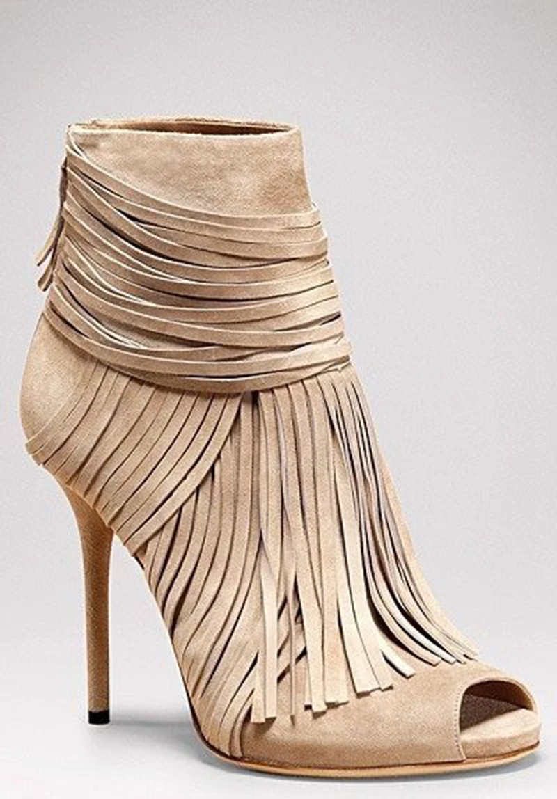 Awesome Beige Suede Fringe Thin High Heel Ankle Boots Women Classy Peep Toe Tassel Stiletto Heel Sandal Booties New Arrival