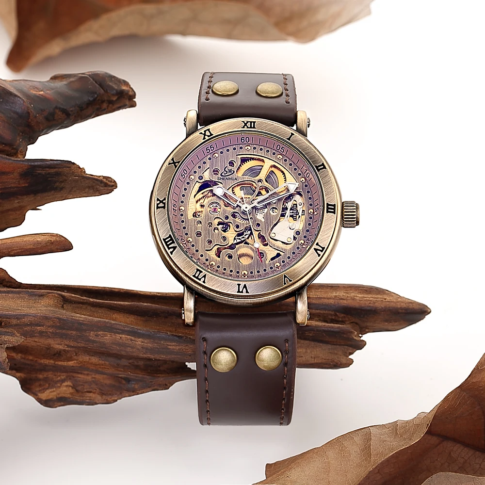 SHENHUA reloj mecanico часы скелета мужские бронзовые механические Автоматические