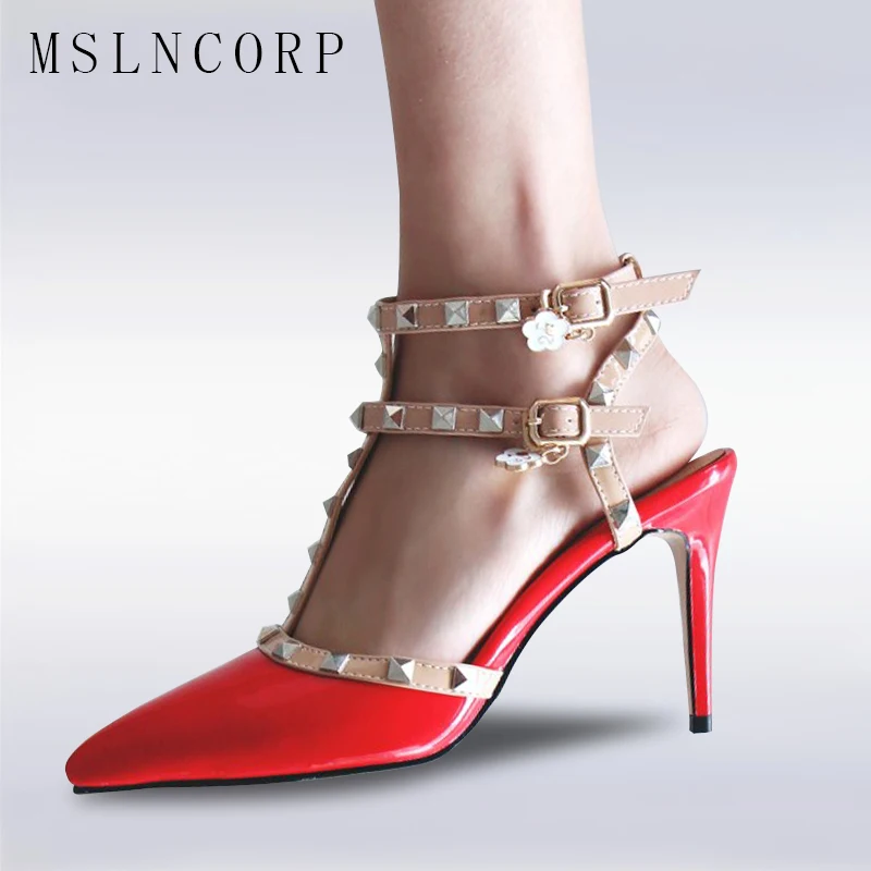 

plus size 34-47 Fashion Women Pumps Ladies Sexy Pointed Toe High Heels Rivets Buckle Ankle T Strap Sandals Party Wedding shoes