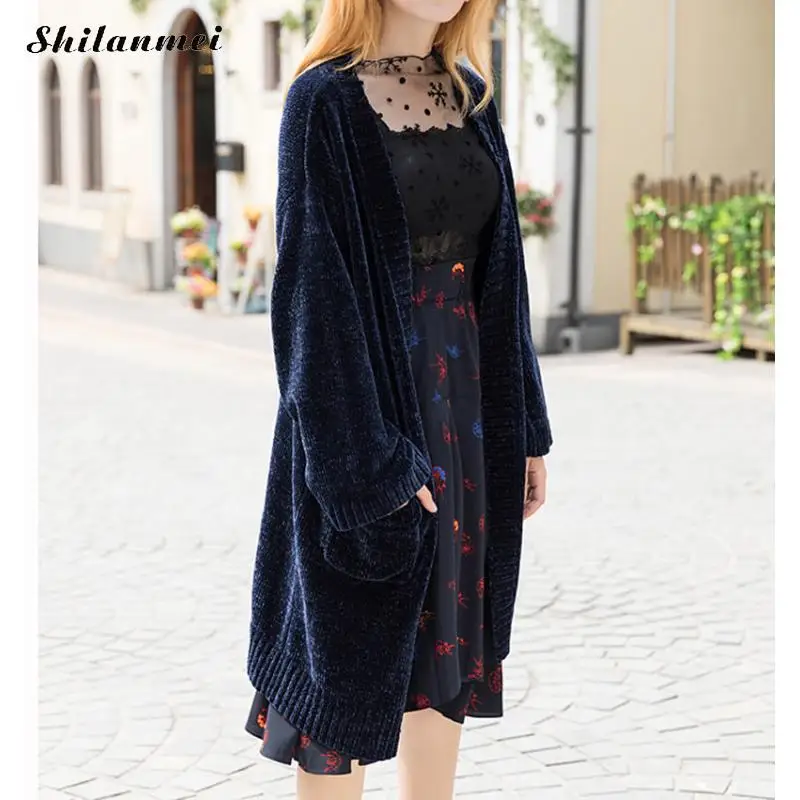 

Fashion Long Cardigan Women 2019 Autumn Harajuku Loose Knit Sweater Coat Women Winter Thermal Casual Blue Oversized Jacket