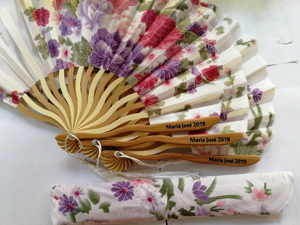 

Free Shipping 100pcs Personalized Cherry Blossom Design Round Cloth Folding Hand Fan with Gift bag Wedding Gifts for Guests