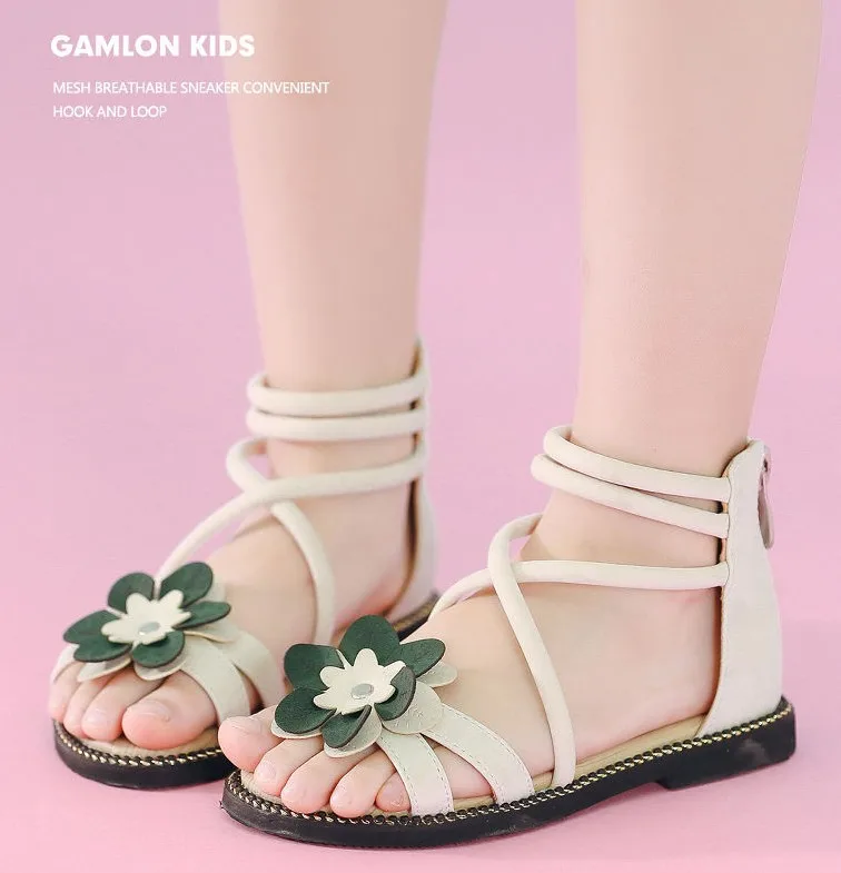 Летние сандалии для девочек; платье принцессы для маленьких девочек; пляжные сандалии в римском стиле; гладиаторы; обувь с цветами