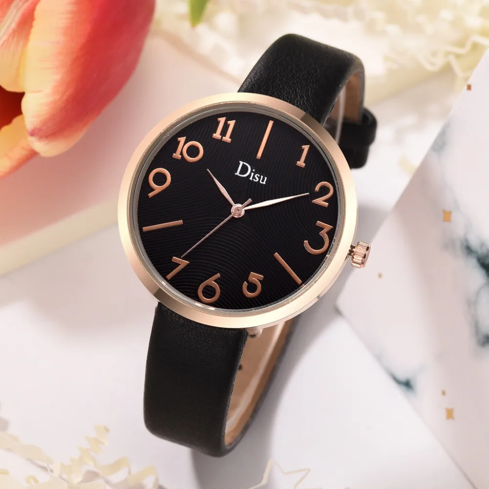 Disu Women's Watches Luxury Fashion Lady Leather Belt Watch Creative Number Analog Quartz Watch Montre femme Simple Clock