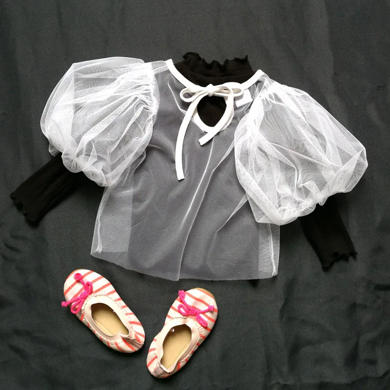 Chifuna/футболки для маленьких девочек 2 предмета, новые крутые однотонные топы с длинными рукавами для девочек+ сетчатые топы с пышными рукавами детские футболки принцессы