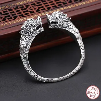 

2019 Punk Rock Double Dragon opening Bangle 100% real 925 sterling silver Bracelet Bangle for Men women jewelry famous brand new
