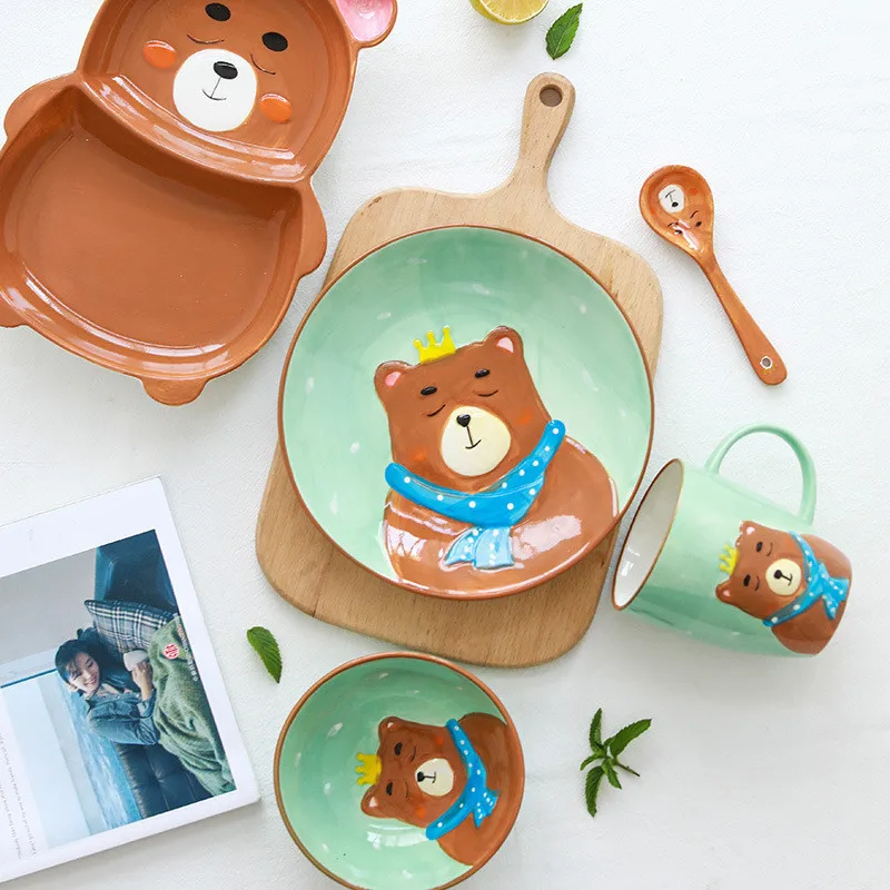 Cute Ceramica Plates Glazed Creative Hand Painted Bowl Spoon Set Breakfast Steak Children's Fruit Plate Animal Dish Cutlery