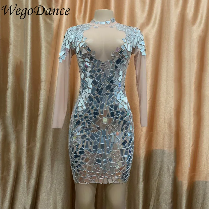 

Hot Sale New Women Sexy Mesh Mirrors Dress Sequins Big Stretch Costume Stage Dance Wear See Through Evening Birthday Dresses