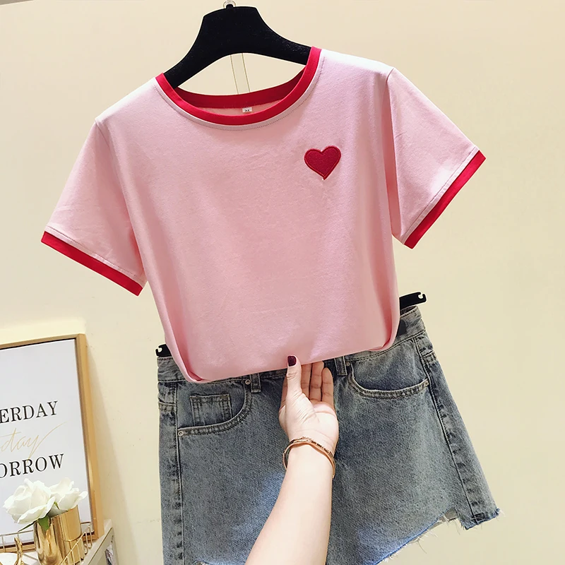 

Love Embroidered Short Sleeve Tee Summer New 2019 Korean Cute O-Neck Tshirt Schoolgirl Harajuku Kawaii White Pink T-Shirt Female