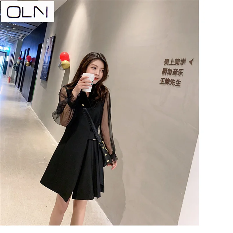 

2019 Korean new spring high waist stitching mesh A word dress Slim suit collar dress for women