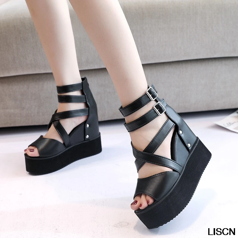 

New Summer Black Wedge Soft PU Lether Women Sandals 11cm Heel Open Toe Gladiator Sandals Women Casual Zip Women Platform Sandals