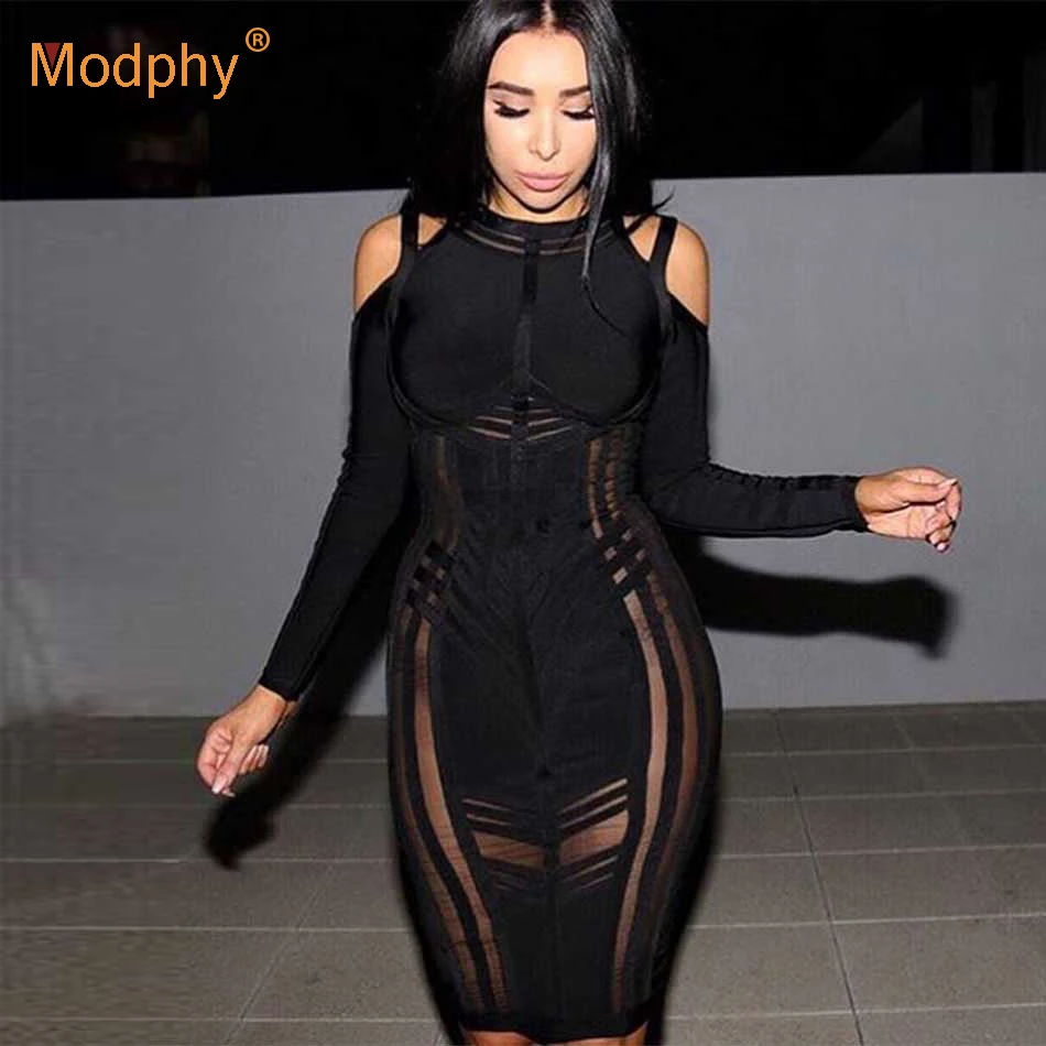 

2019 Winter New Women Bandage Dress Bodycon Striped Celebrity Party White Black Hollow Out Mesh Christmas Dresses Vestidos