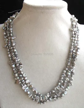 

wow! 3rows freshwater pearl gray reborn keshi 5-9mm necklace 17" nature wholesale beads baroque unique