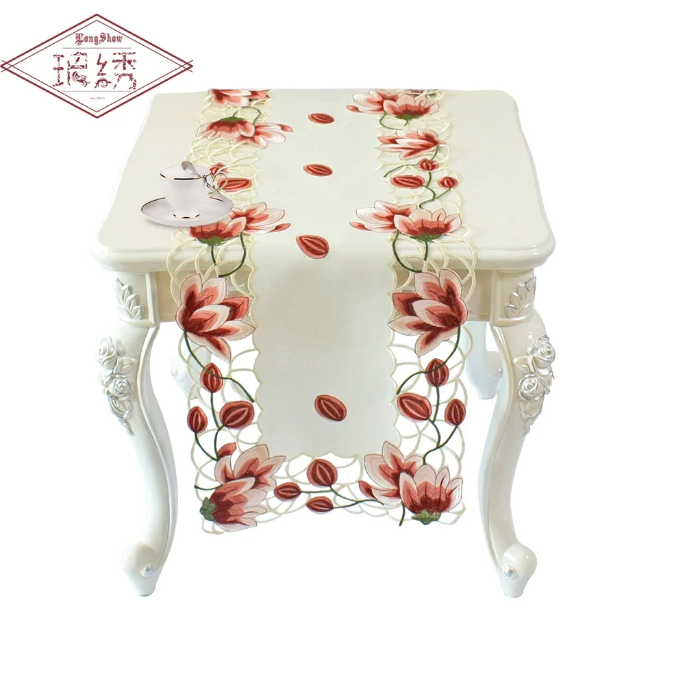 

New Home Decoration European Embroidered Table Cover White Satin Handmade Tablecloth Coffee Table Decorated Table Cloth Runner