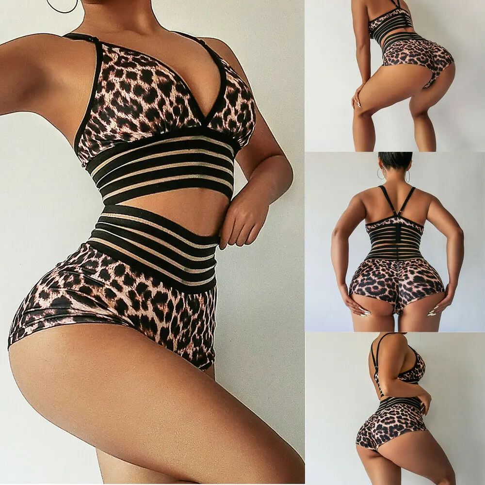 

Sexy Women Summer Bikini Set Sports YOGA Workout Gym Fitness Tops+Casual Hot Shorts 2pcs Athletic Clothes Leopard Print Clothes