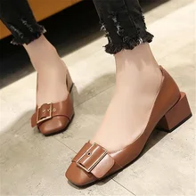 Free shipping spring women’s s buckle decoration square toe thick heel single shoes casual shallow mouth high heel shoes