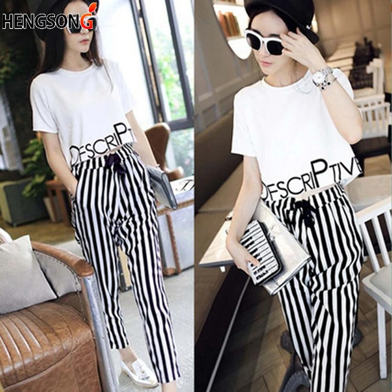 Womens Set Summer White Letter Printed T Shirt Sexy Cropped Tops Drawstring Pants Calf Length Casual Tracksuit Women Clothing