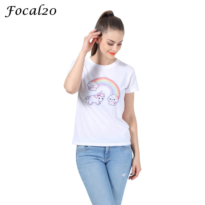 Focal20 мультфильм Радуга с единорогом Для женщин футболка Повседневное летняя футболка с короткими рукавами футболка уличная