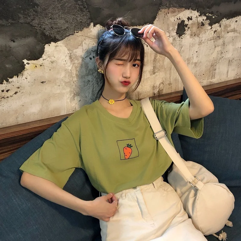 

New Korean Avocado Green Cute Carrot Printed Short Sleeve T Shirt Women Summer Small Fresh Tshirt Harajuku Tee Shirt Femme