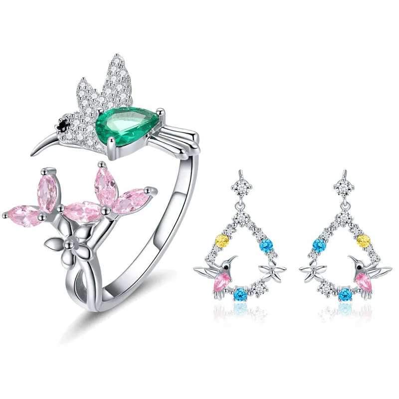 

BISAER 925 Sterling Silver Jewelry Set Bird Hummingbirds Greeting Flower Color CZ Jewelry Sets for Women Silver 925 Jewelry