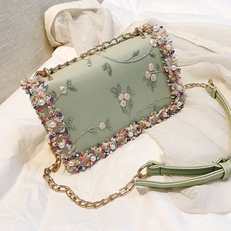Элегантный клатч вечерние сумки розовые цветочные клатчи для женщин дикая сумка мессенджер на цепочке сумка на плечо женская сумка из полиуретана - Цвет: Зеленый