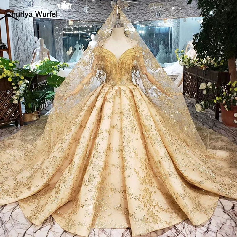 Htl313 Vestido De Novia De Encaje Dorado Con Velo De Novia Con Cuello En V Y Flecos De Cristal Vestidos De Novia De Estilo Princesa Para Ninas Vestidos De Novia 2019 Aliexpress