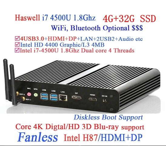  4GB RAM 32GB SSD  Thin Client Nettop PC, Intel i7 Dual Core 1.7-3.0Ghz CPU, USB 3.0, 4K DP:4096*2160, HDMI, WiFi 