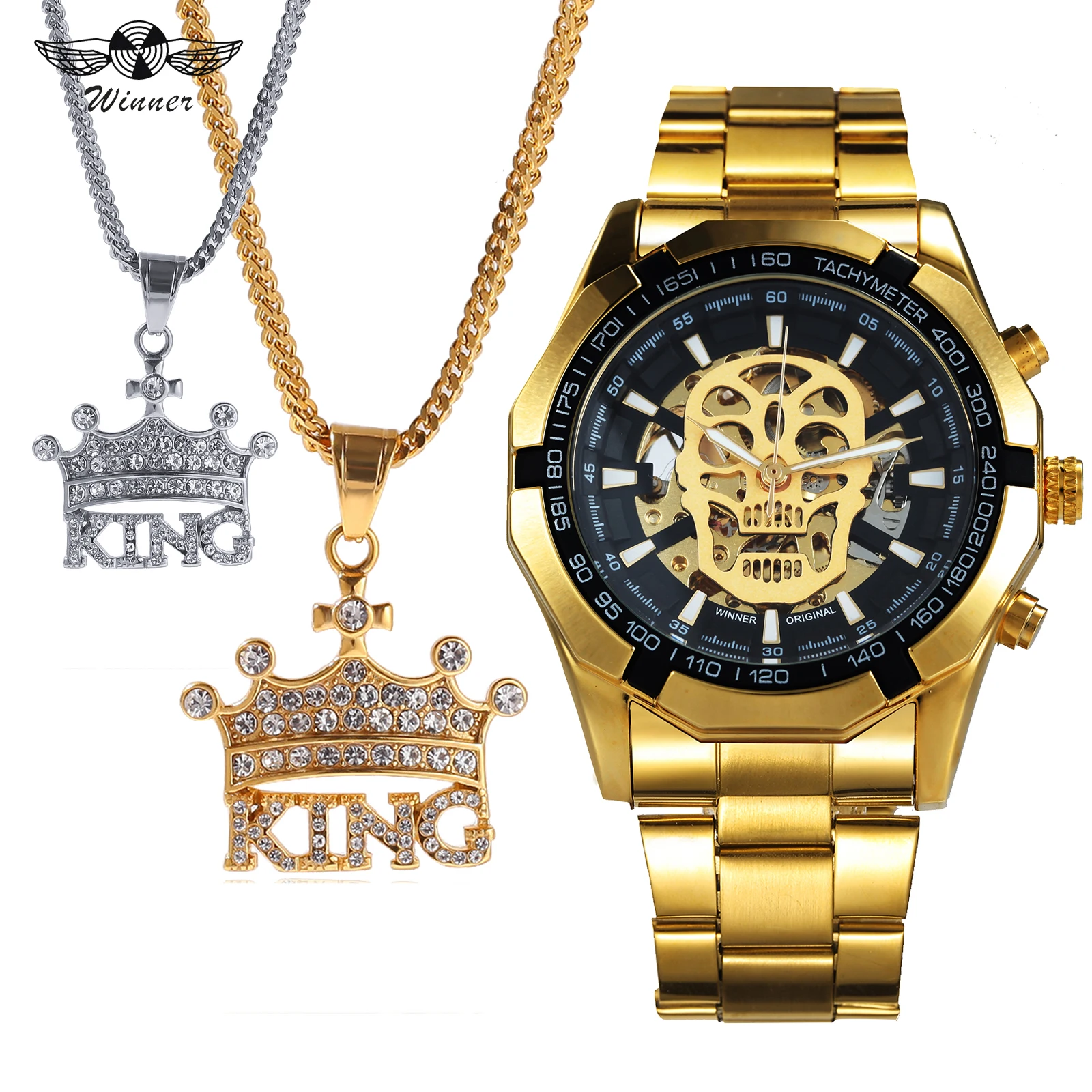 

WINNER Official Auto Mechanical Mens Watches Top Brand Luxury HIP HOP Punk Jewelry Set + Golden Crystal Iced Out Crown Necklace