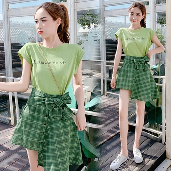 

Korean 2019 High Waist Loose 2 Pcs Set Single Breasted Plaid Irregular Terno Feminino 9pu Casual Letter Women's Sets